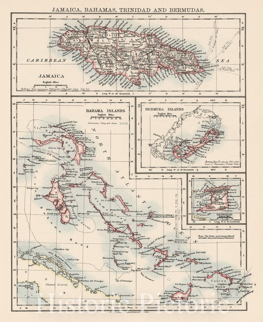 Historic Map : 1906 Bahama Islands. Jamaica. Bermuda Islands. Trinidad. - Vintage Wall Art