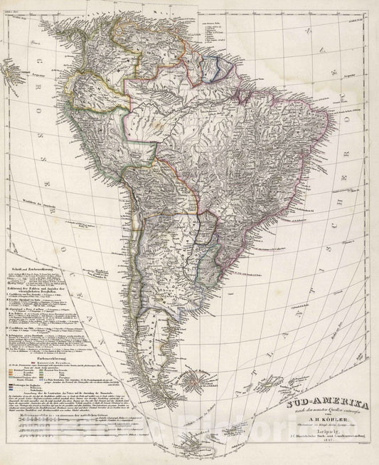 Historic Map : 1847 Sud=Amerika nach den neuesten quellen entworfen von A.H. Kohler v2 - Vintage Wall Art