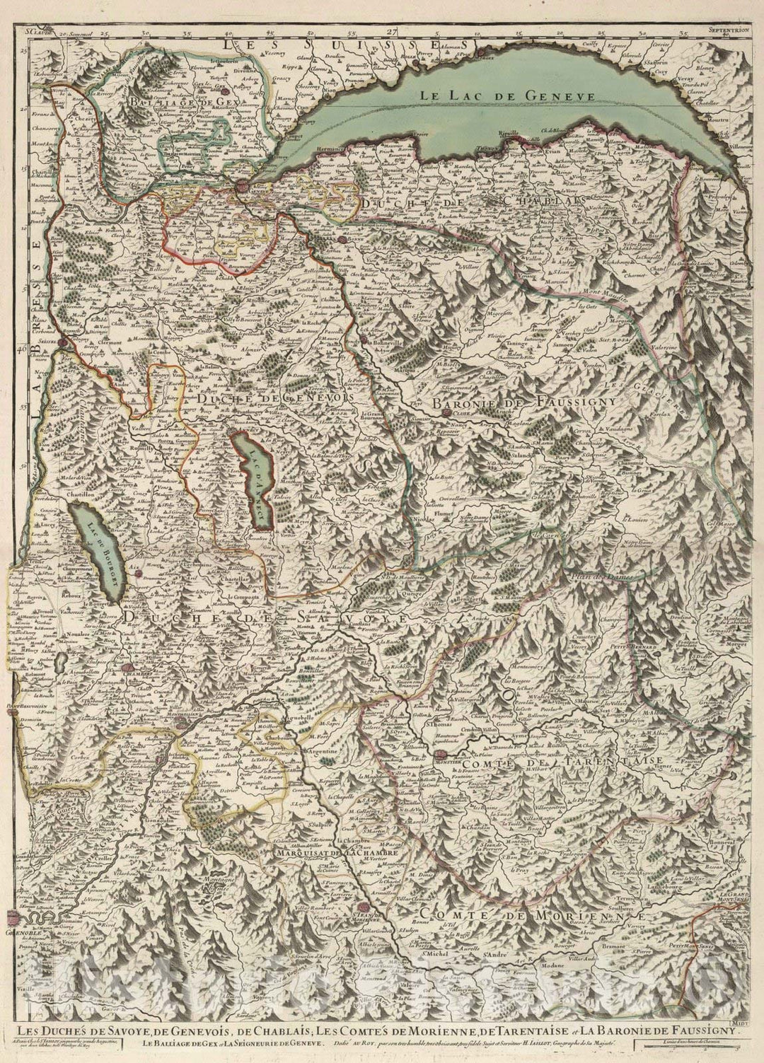 Historic Map : Savoy , France 1695 Les Estats de Savoye et de Piemont (north central sheet). , Vintage Wall Art