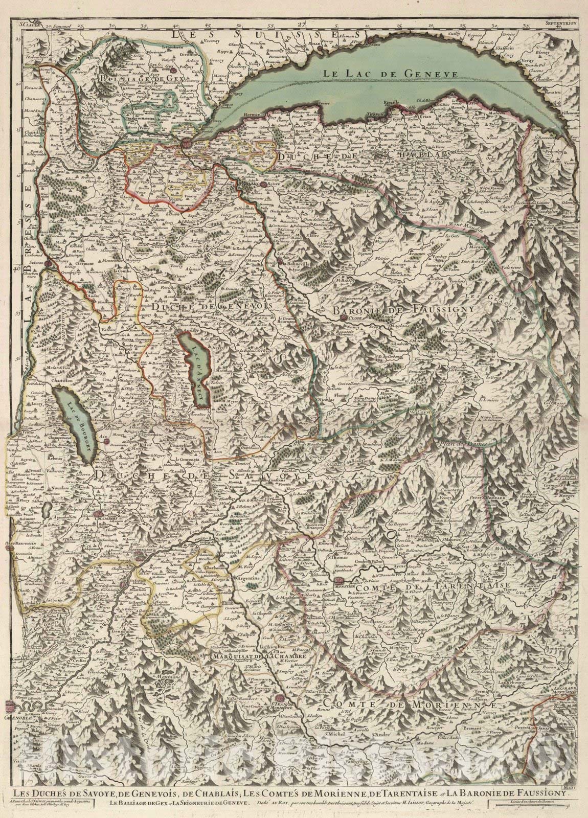 Historic Map : Savoy , France 1695 Les Estats de Savoye et de Piemont (north central sheet). , Vintage Wall Art