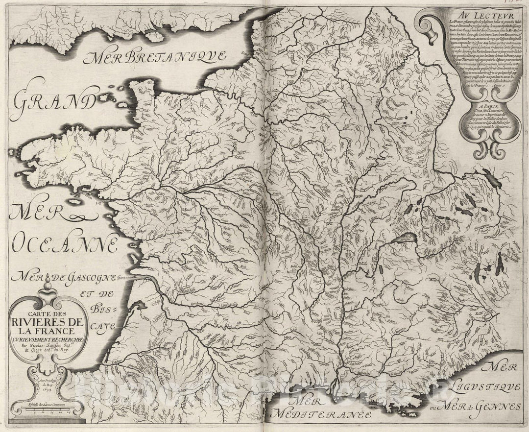 Historic Map : France, 1634 Carte des Rivieres de la France. , Vintage Wall Art