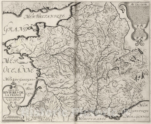 Historic Map : France, 1634 Carte des Rivieres de la France. , Vintage Wall Art