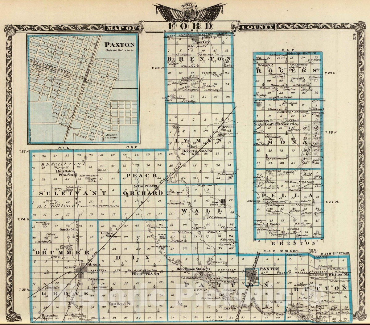 Historic Map : 1876 Map of Ford County and Paxton. - Vintage Wall Art