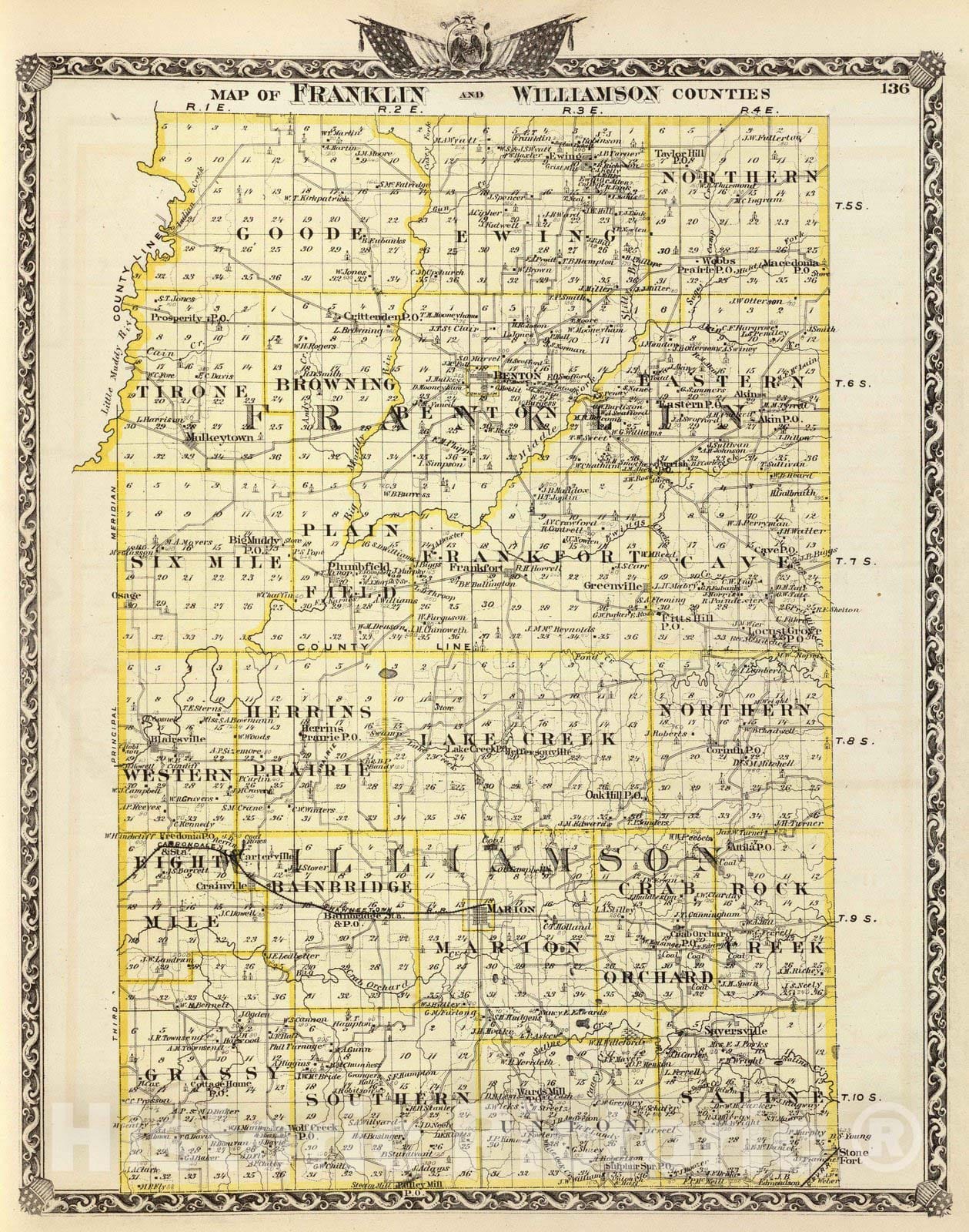Historic Map : 1876 Map of Franklin and Williamson counties. - Vintage Wall Art