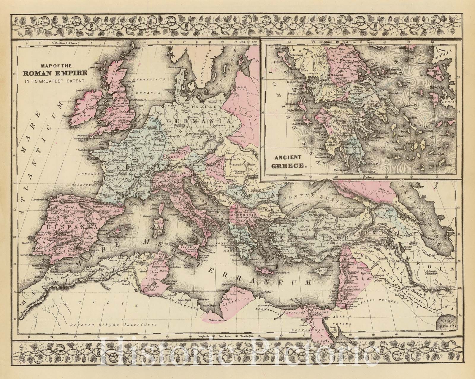 Roman Empire and Ancient Greece - River Map, 1880 - Historical Map Print