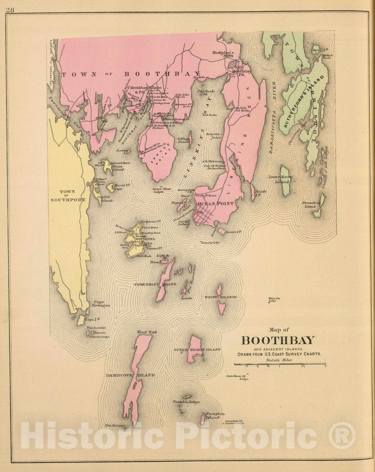 Historic Wall Map : 1894 Boothbay, adjacent islands. - Vintage Wall Art