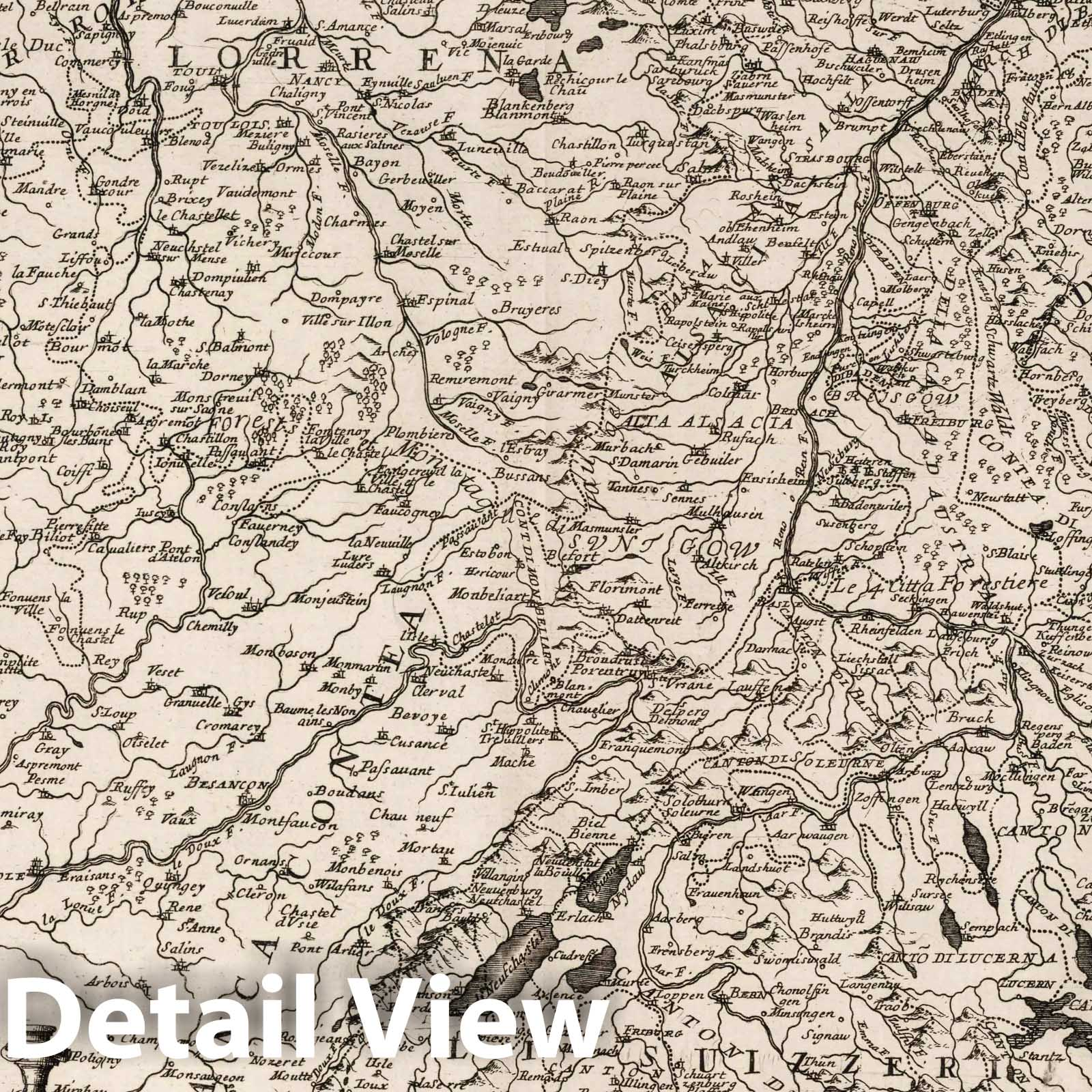 Rhine River, Lower Course (France, Switzerland, Germany) 1690 Historical Map Print