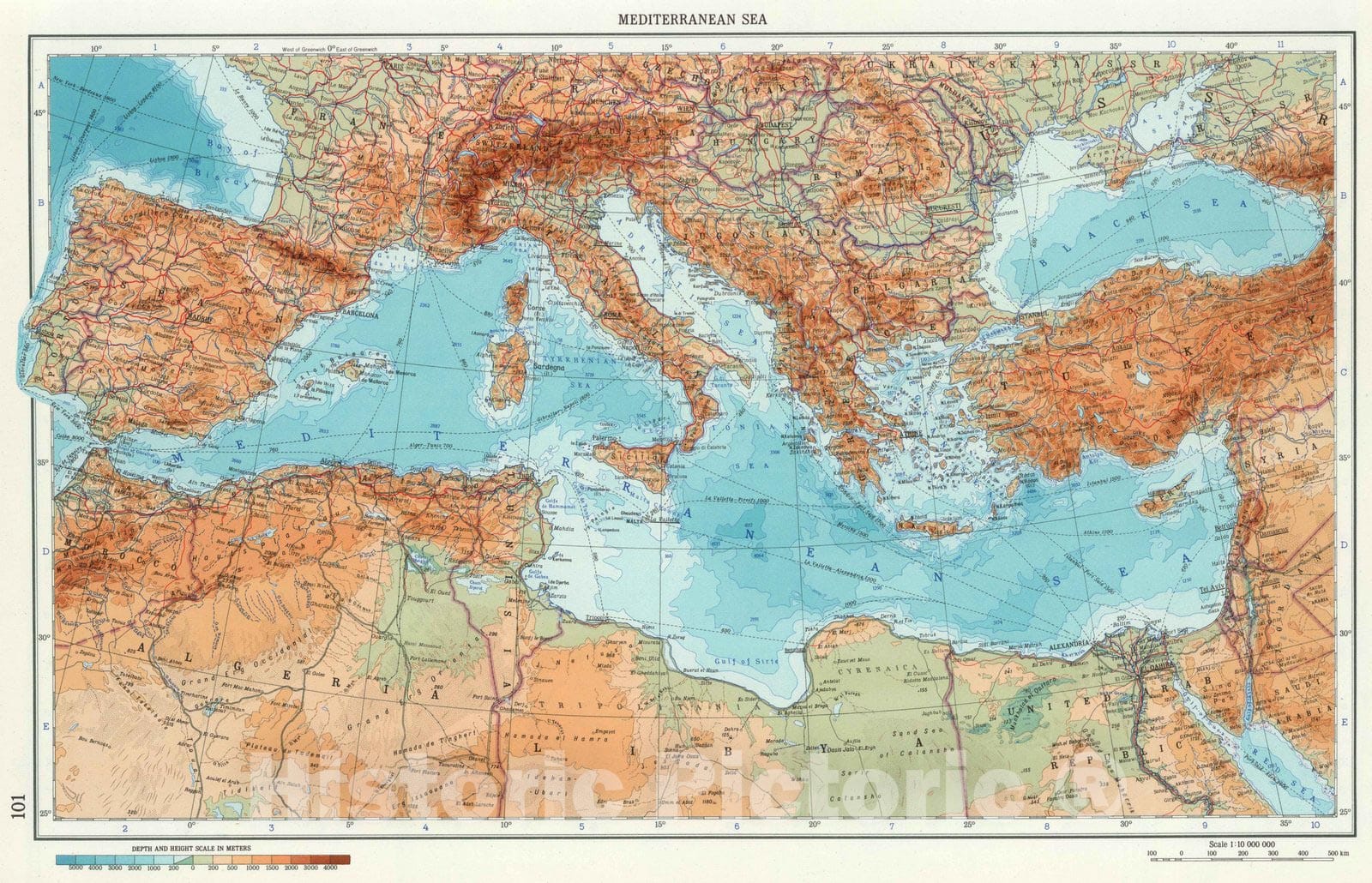 Mediterranean Sea - Physical Map, 1967 - Soviet World Atlas Print