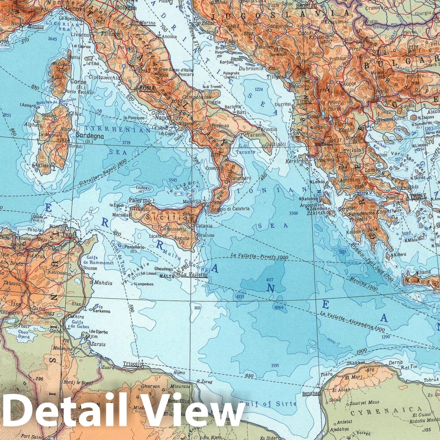 Mediterranean Sea - Physical Map, 1967 - Soviet World Atlas Print