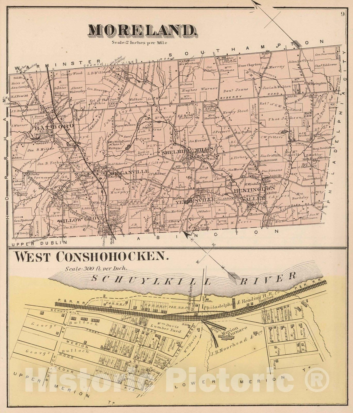 Historic Map : 1871 Moreland, Montgomery County, Pennsylvania. West Conshohocken. - Vintage Wall Art