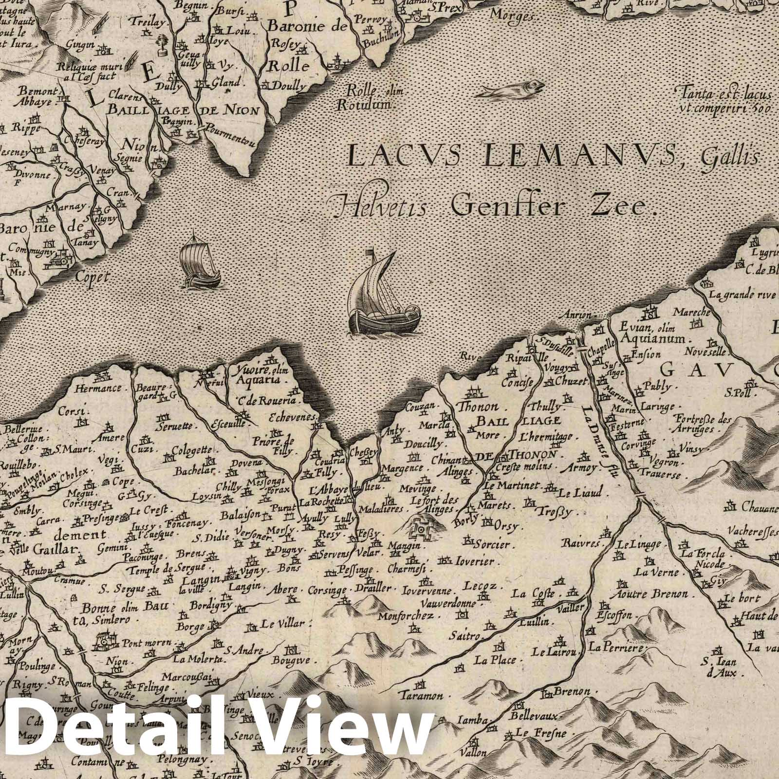Lake Geneva and Vicinity, Switzerland, 1632 Historical Map Print