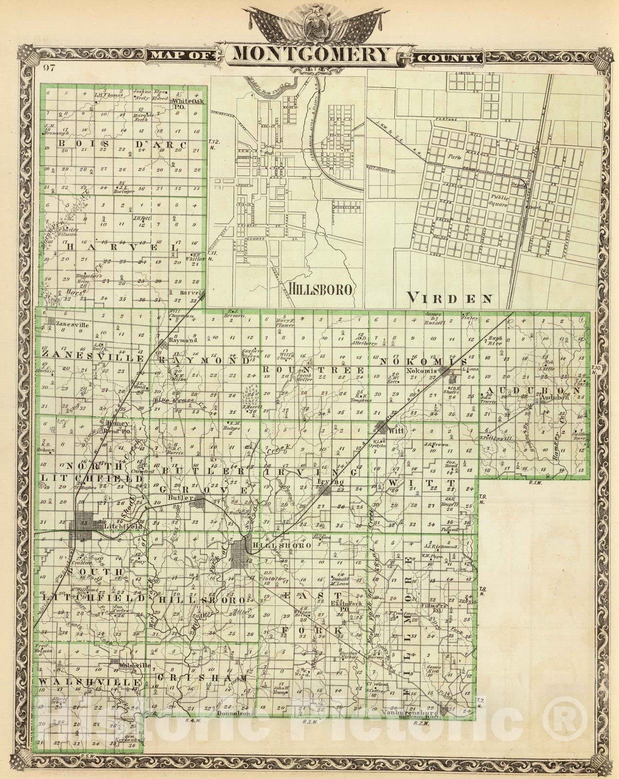 Historic Map : 1876 Map of Montgomery County, Hillsboro and Virden. - Vintage Wall Art