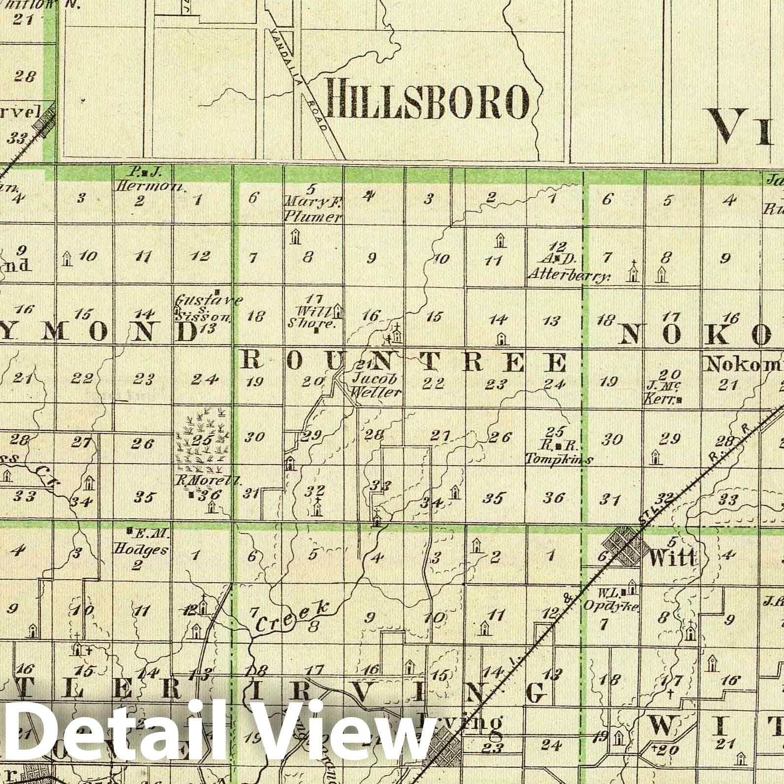 Montgomery County with Hillsboro and Virden, Illinois - 1876 Railroad Map
