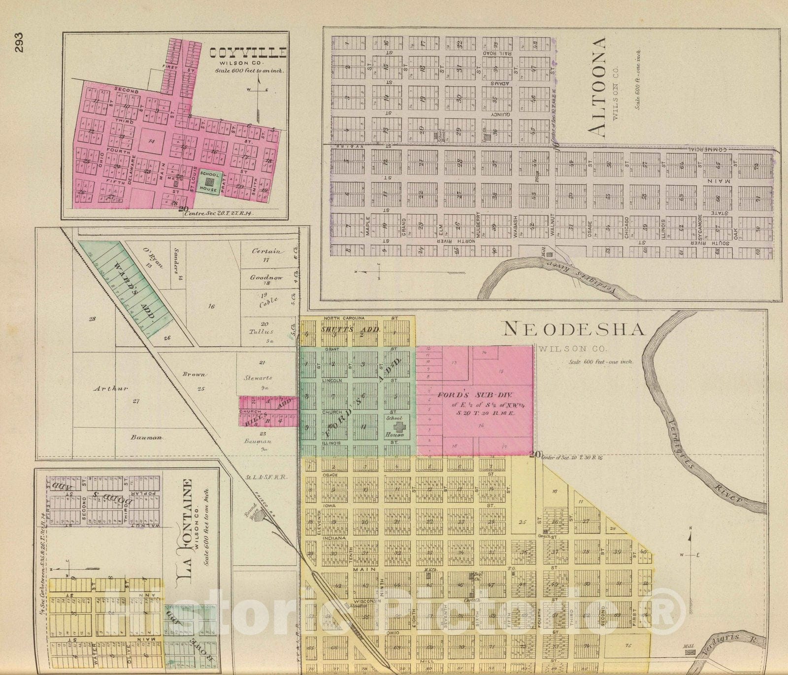 Historic Map : Lafontaine (Kan.), Kansas, 1887 Neodesha, La Fontaine, Coyville, Altoona. , Vintage Wall Art