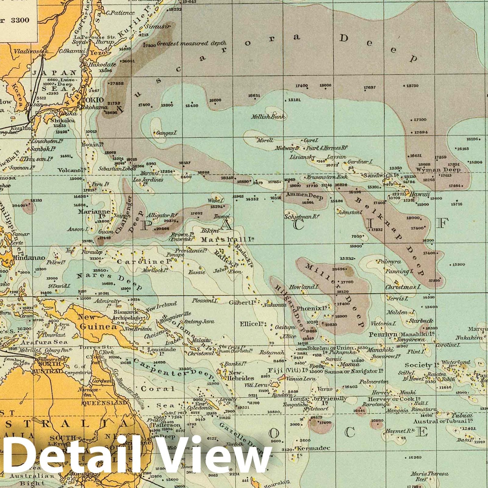 Pacific Ocean with Tahiti, Moorea, Tongatabu, Marquesas Islands, 1895 - Historical Map Print