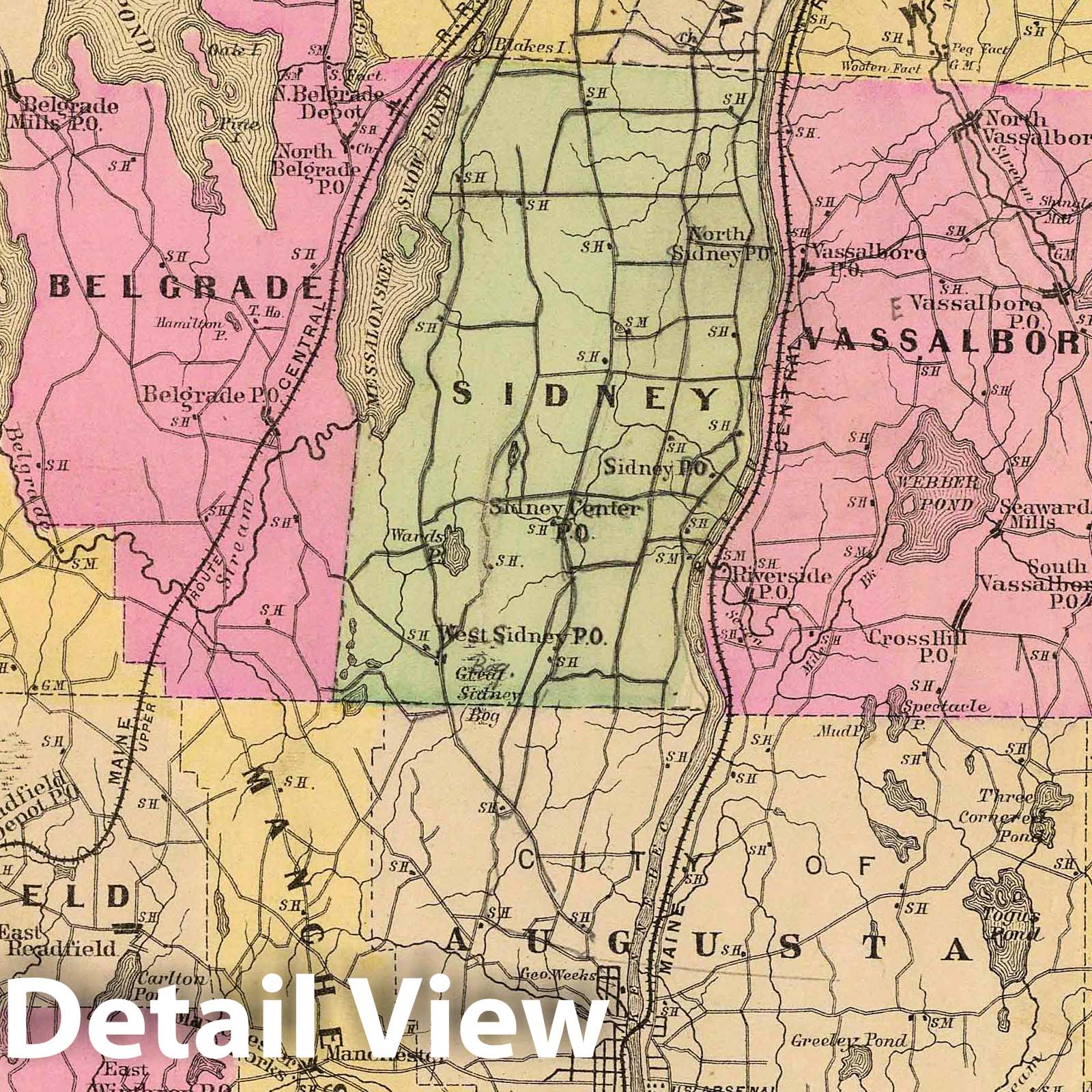 Kennebec County, Maine - Road Map, 1885 - Historical Map Print