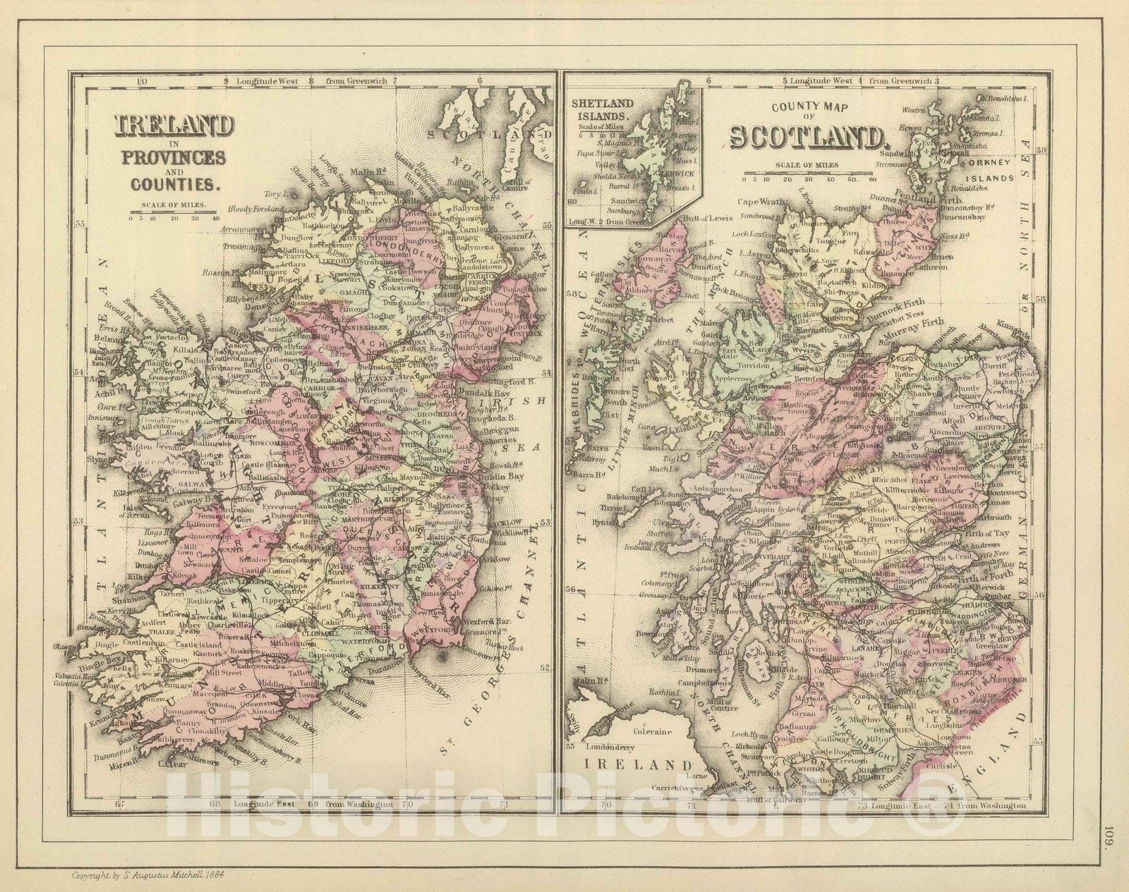 Ireland and Scotland - Railroad Map, 1884 - Historical Map Print