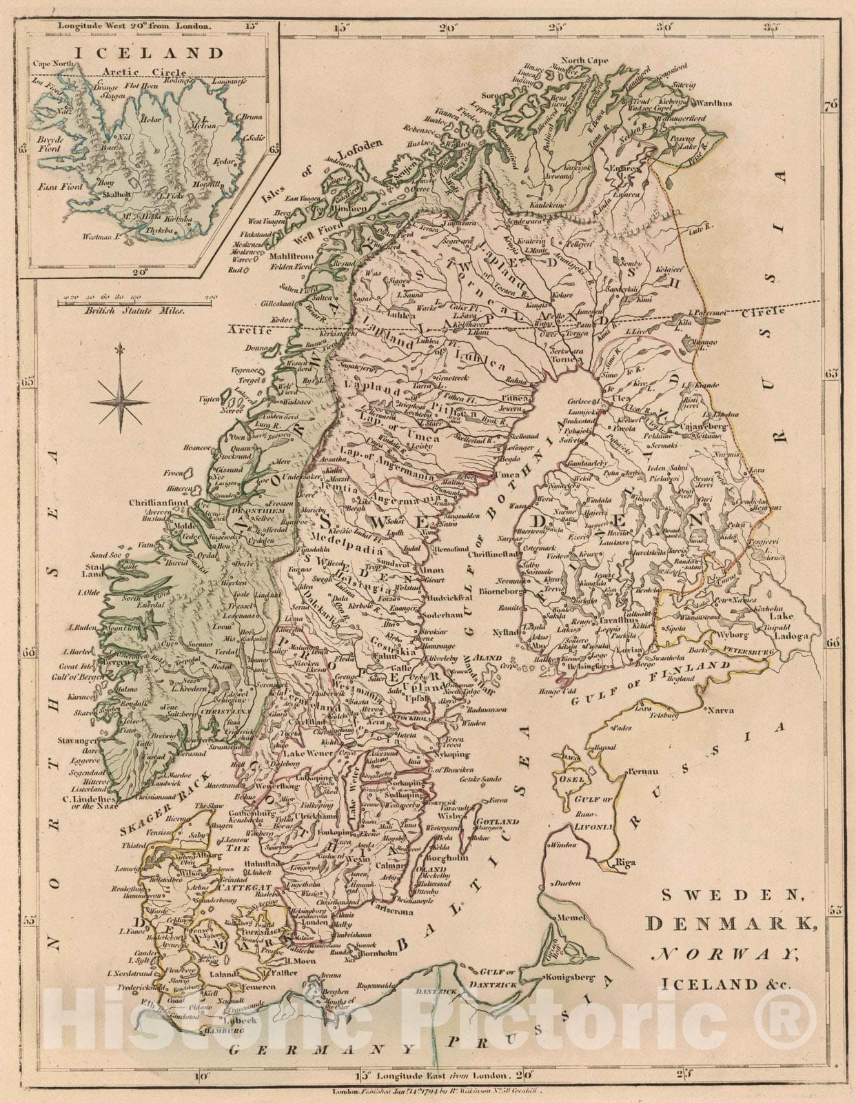 Sweden, Denmark, Norway, and Iceland, 1794 - Historical Map Print