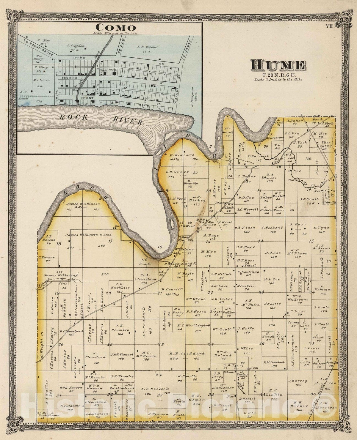 Historic Map : National Atlas - 1872 Hume. Como. Whiteside County, Illinois. - Vintage Wall Art