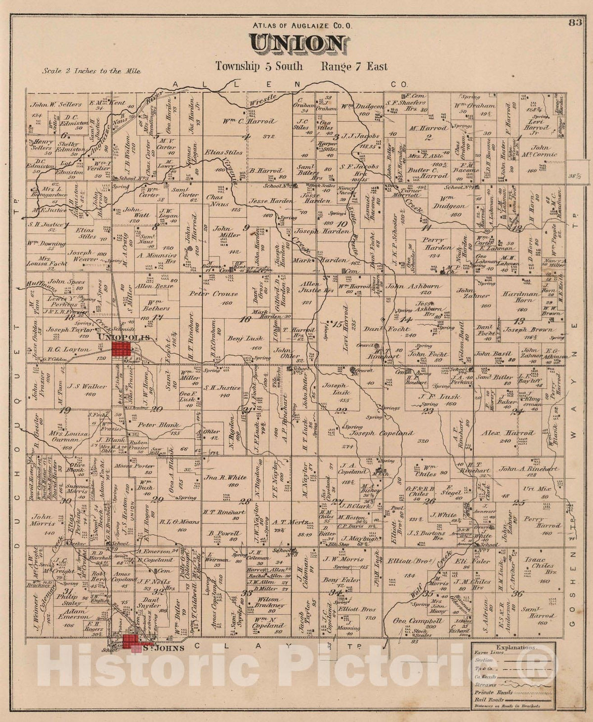 Historic Map : 1880 Union Township, Auglaize County, Ohio. - Vintage Wall Art