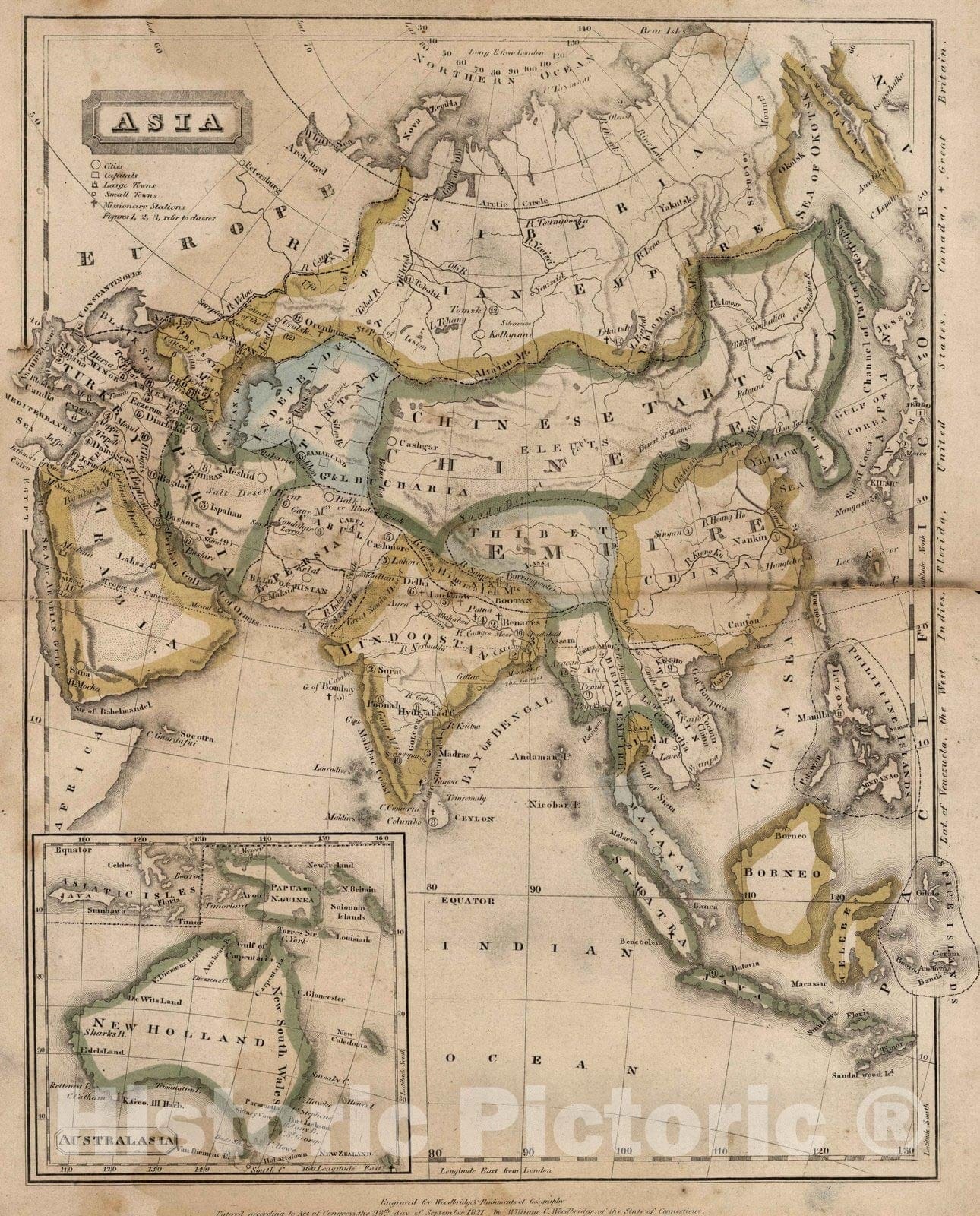 Asia - River Map, 1821 - Woodbridge's Larger Atlas Historical Map Print