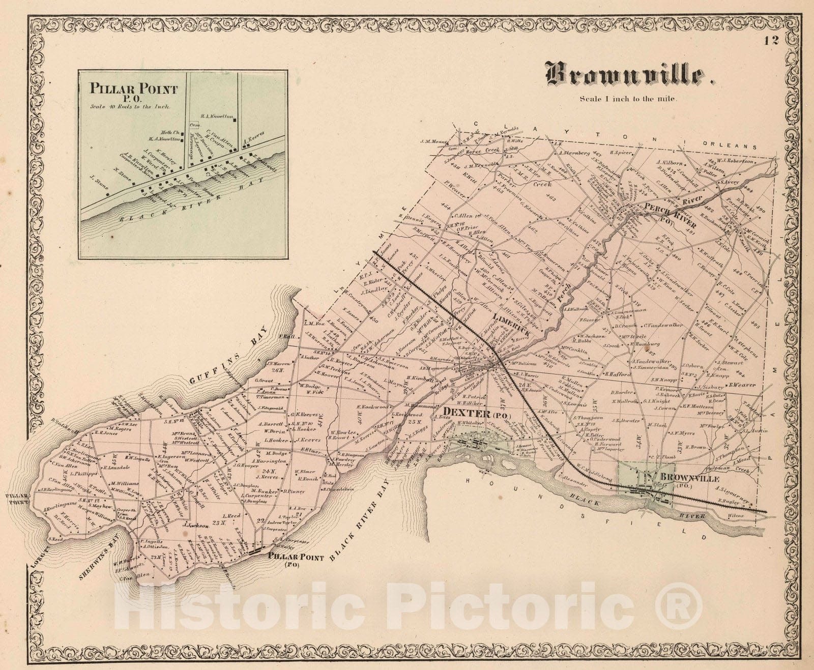 Historic Map : 1864 Brownville, Jefferson County, New York. Pillar Point. - Vintage Wall Art