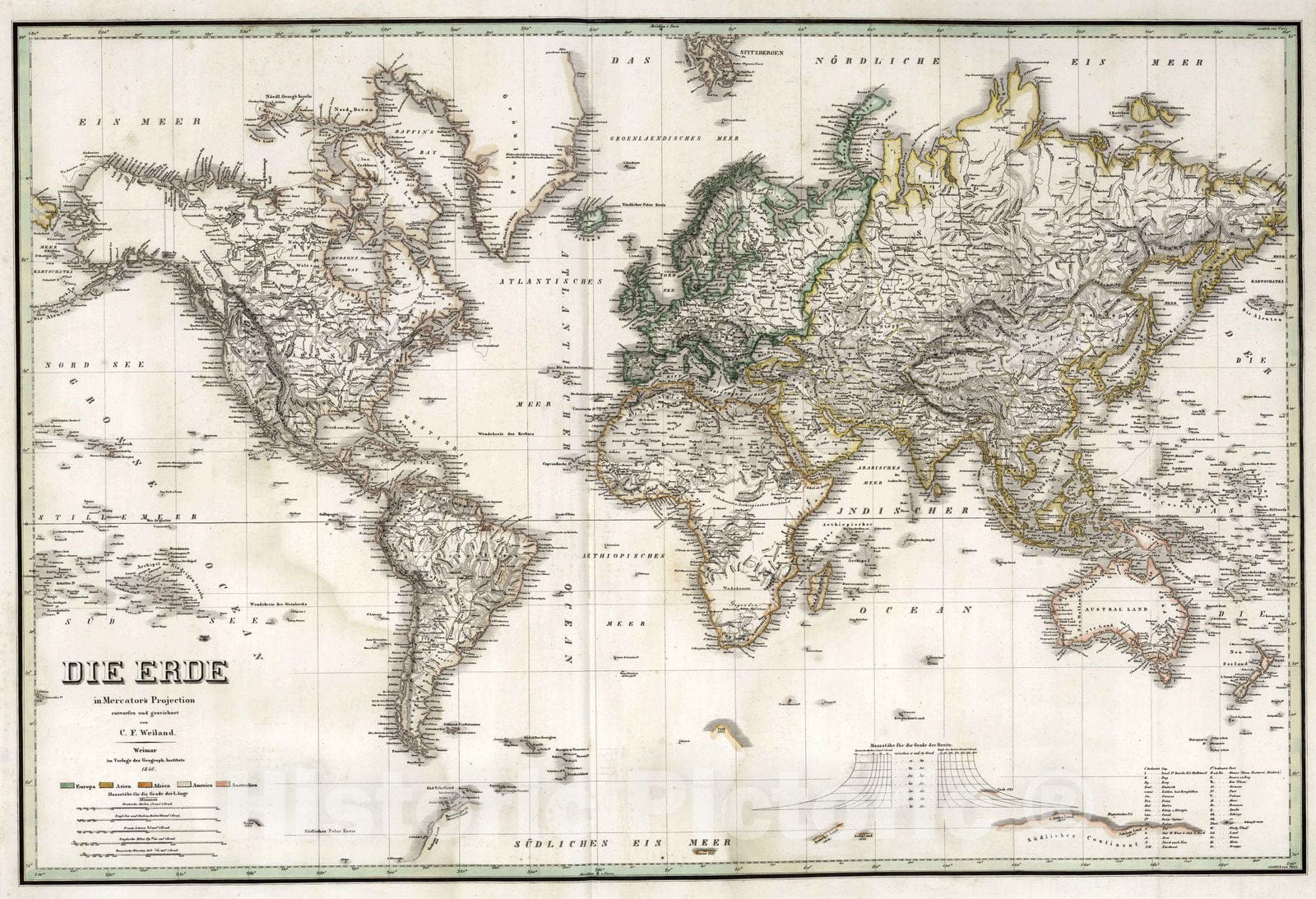 Historic Map : 1840 Die Erde. World. - Vintage Wall Art