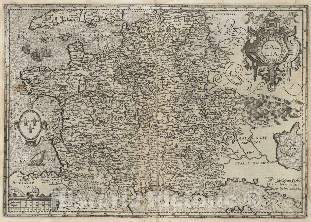 Historic Wall Map : France, 1632 Gallia. , Vintage Wall Art