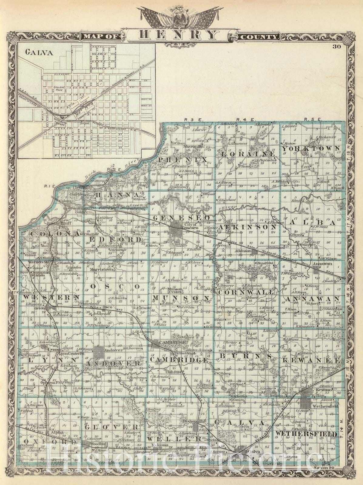 Galva, Henry County, Illinois - Railroad Map, 1876 - Union Atlas Reproduction