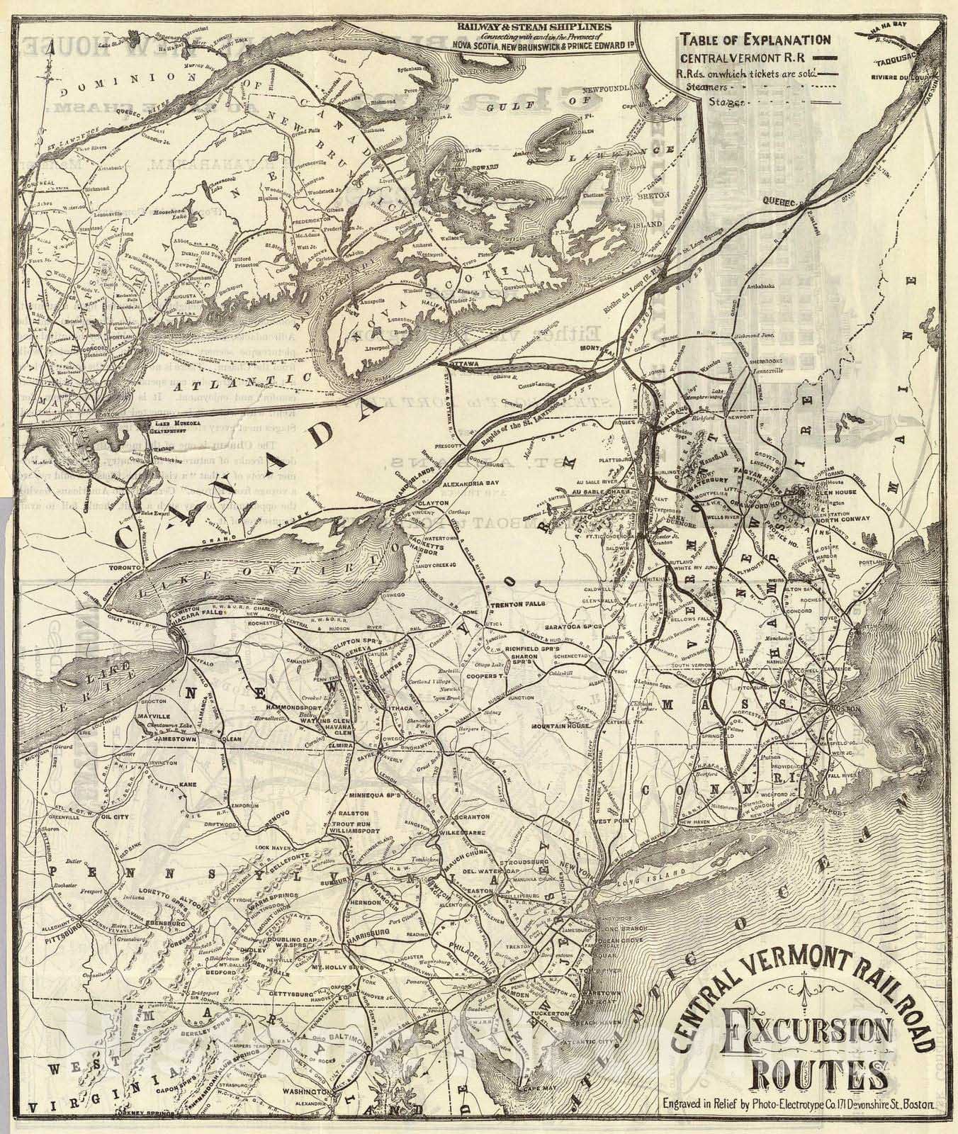 Central Vermont Railroad Excursion Routes - 1879 Historical Map Print