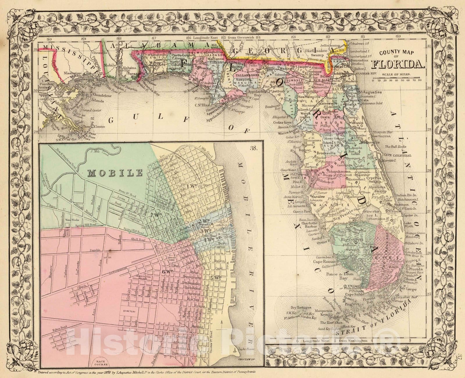 Historic Map : 1870 Florida, Mobile. - Vintage Wall Art