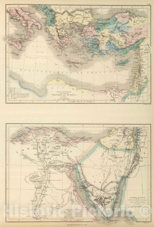 Historic Map : 1843 Travels of St. Paul. Lower Egypt - Vintage Wall Art