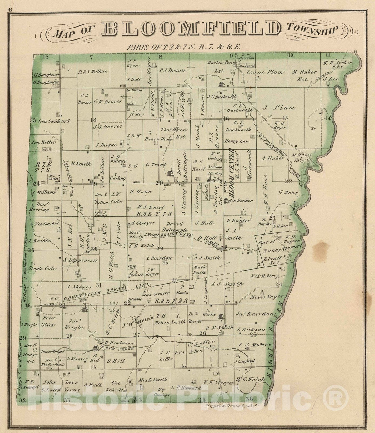 Historic Map : 1875 Bloomfield Township, Logan County, Ohio. - Vintage Wall Art