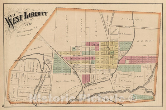 Historic Map - 1875 West Liberty, Logan County, Ohio. 1874. - Vintage Wall Art