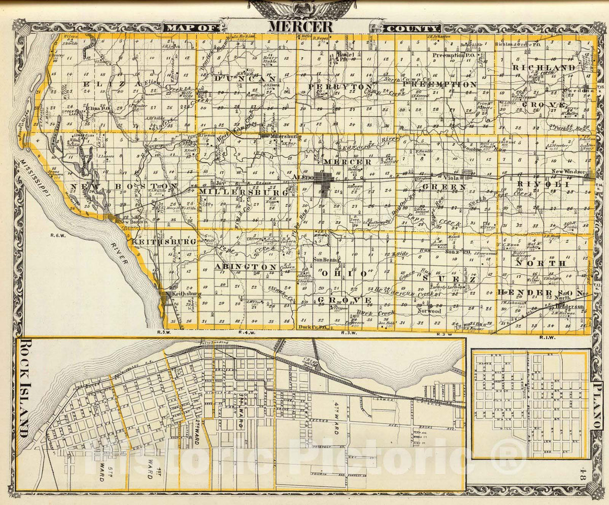 Historic Map : 1876 Map of Mercer County, Rock Island and Plano. - Vintage Wall Art