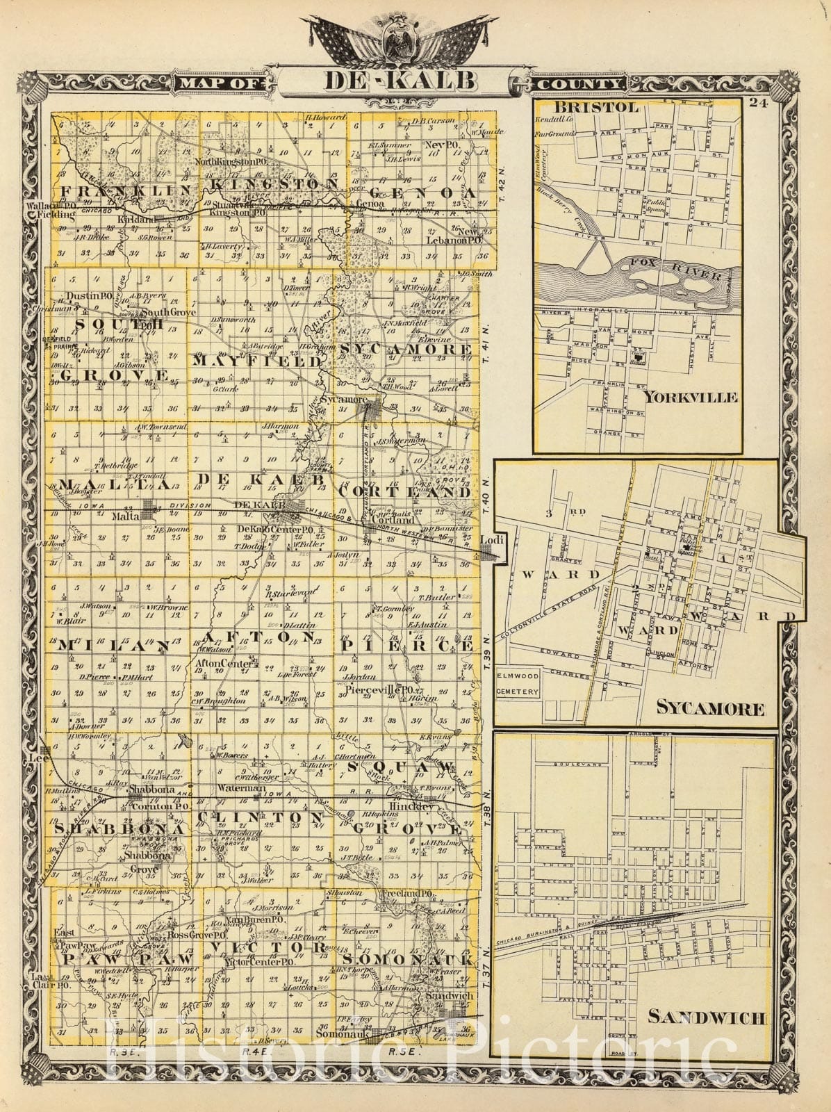 DeKalb County, Illinois with Yorkville, Sycamore, and Sandwich - Railroad Map, 1876