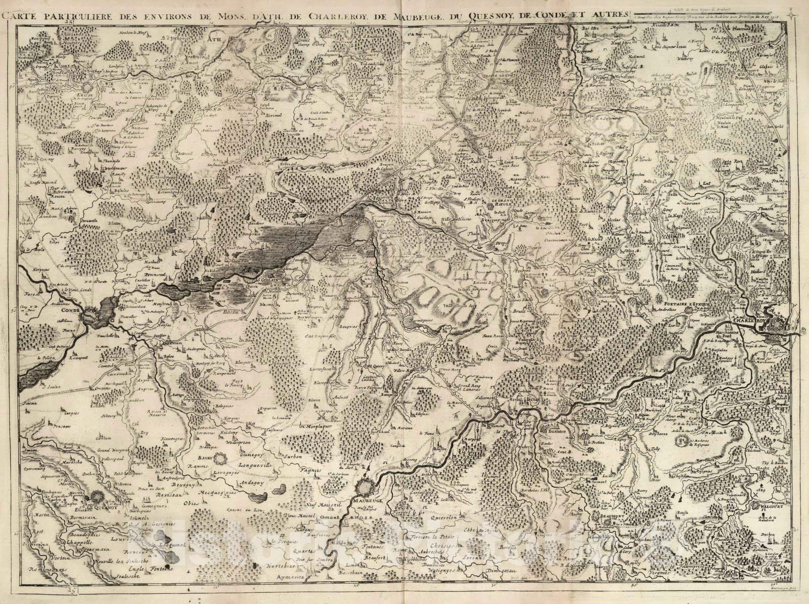 Historic Map : Belgium, 1706 16. Carte particuliere des environs de Mons, Ath, de Charleroy, de Marbeuge, du Quesnoy, de Conte et Autres. 1706. , Vintage Wall Art