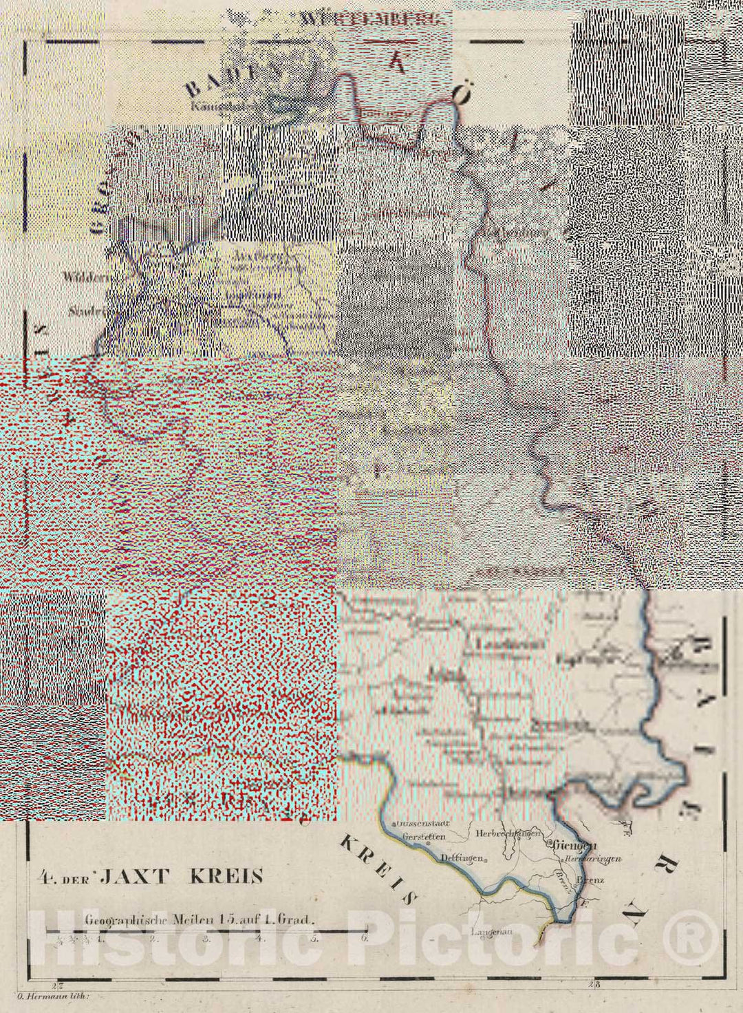 Historic Map : Germany, 1825 V.2: 6-10: VI: II. Wurtemberg. Der Jaxt Kreis , Vintage Wall Art