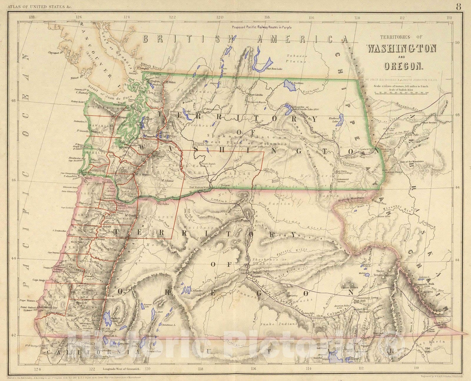 Historic Map : National Atlas - 1857 Territories Of Washington And Oregon. - Vintage Wall Art