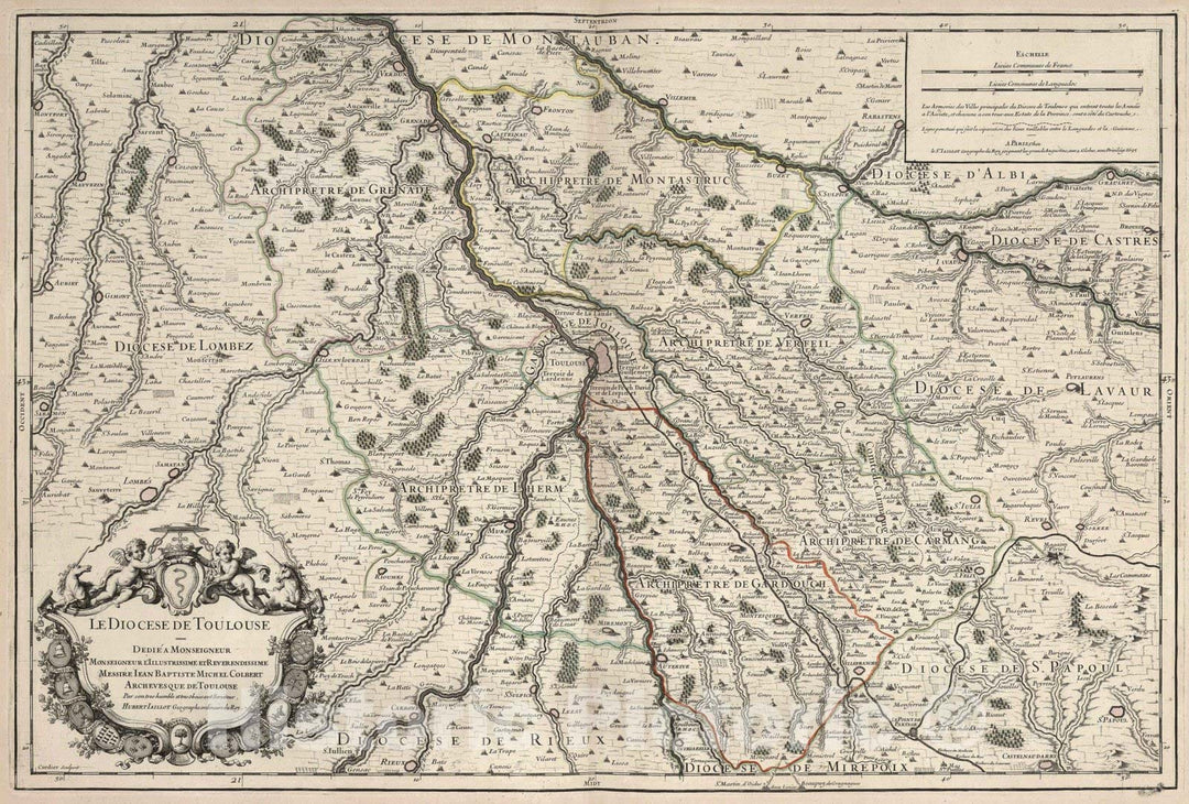 Historic Map : Toulouse , France 1695 Le Diocese de Toulouse. , Vintage Wall Art