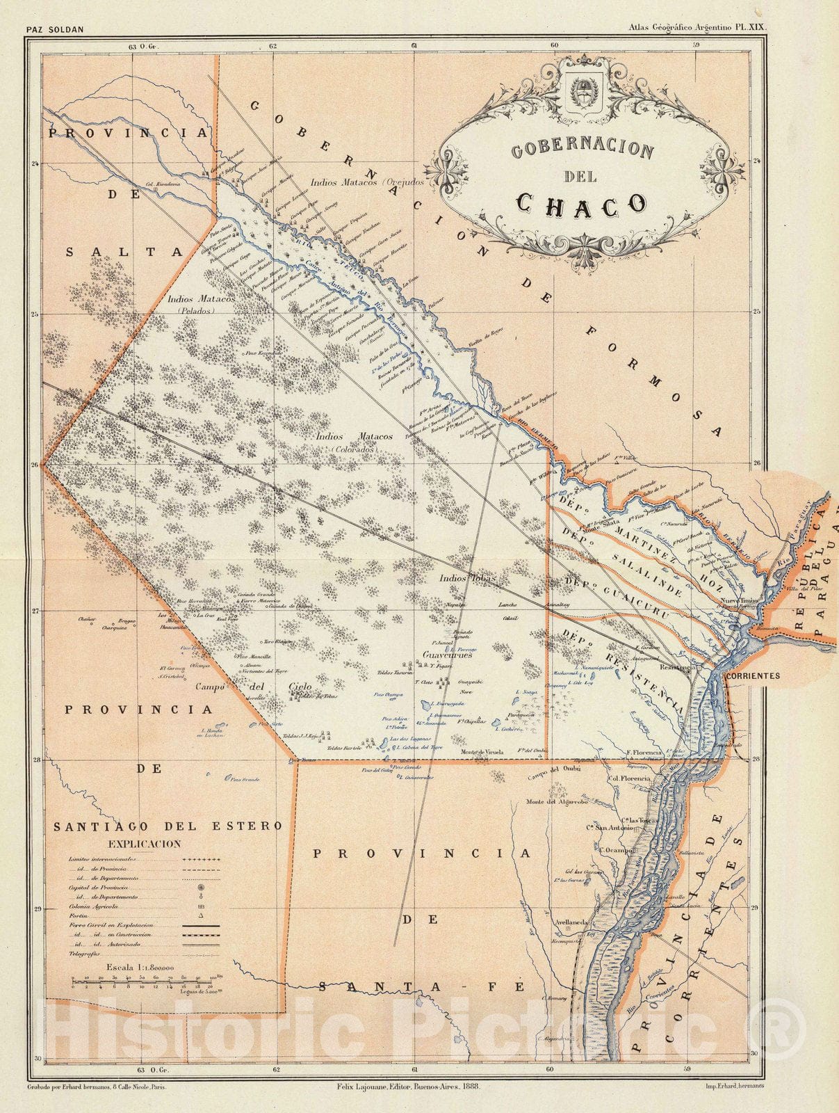 Chaco, Argentina - Railroad Map, 1888 - Historical Map Print
