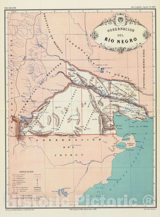 Historic Map : Argentina, Rio Negro (Argentina) 1888 Rio Negro. , Vintage Wall Art