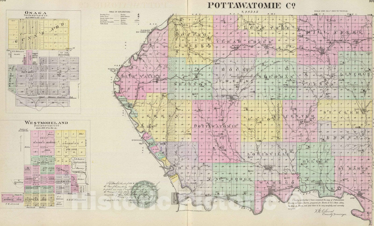 Historic Map : 1887 Pottawatomie Co, Onaga and Westmoreland, Kansas. - Vintage Wall Art