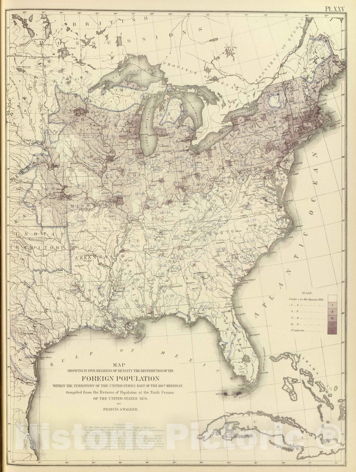 Historic Map : Statistical Atlas - 1874 Foreign population 1870. - Vintage Wall Art