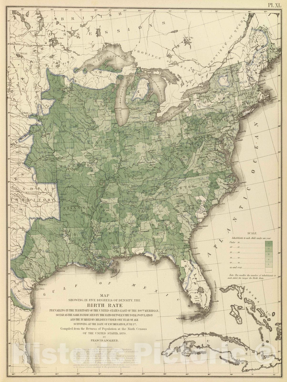 Historic Wall Map : Statistical Atlas - 1874 Birth rate US. - Vintage Wall Art