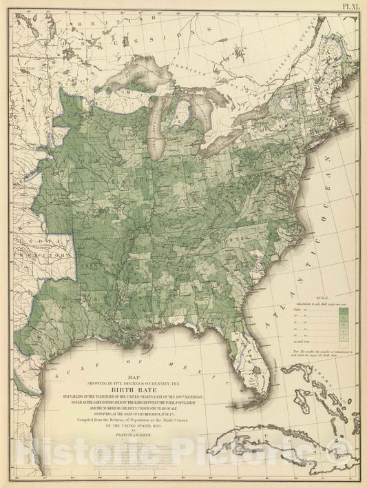 Historic Wall Map : Statistical Atlas - 1874 Birth rate US. - Vintage Wall Art