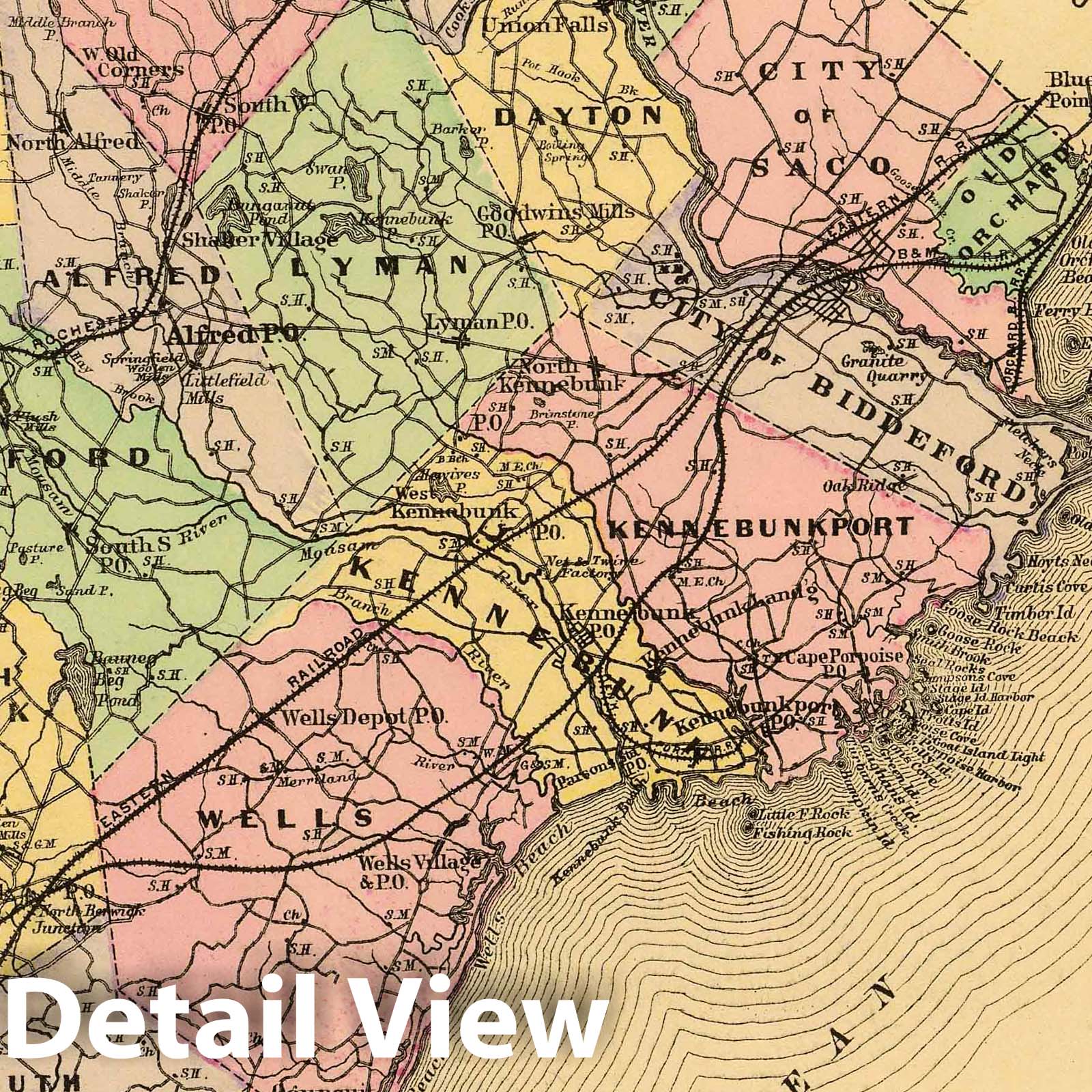 York County, Maine - Road Map, 1894 - Historical Map Print