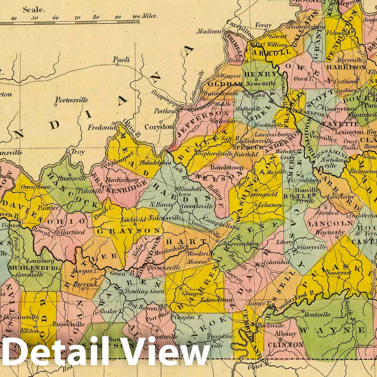 Kentucky - Railroad Map, 1845 - Hand-Colored Historical Map Print