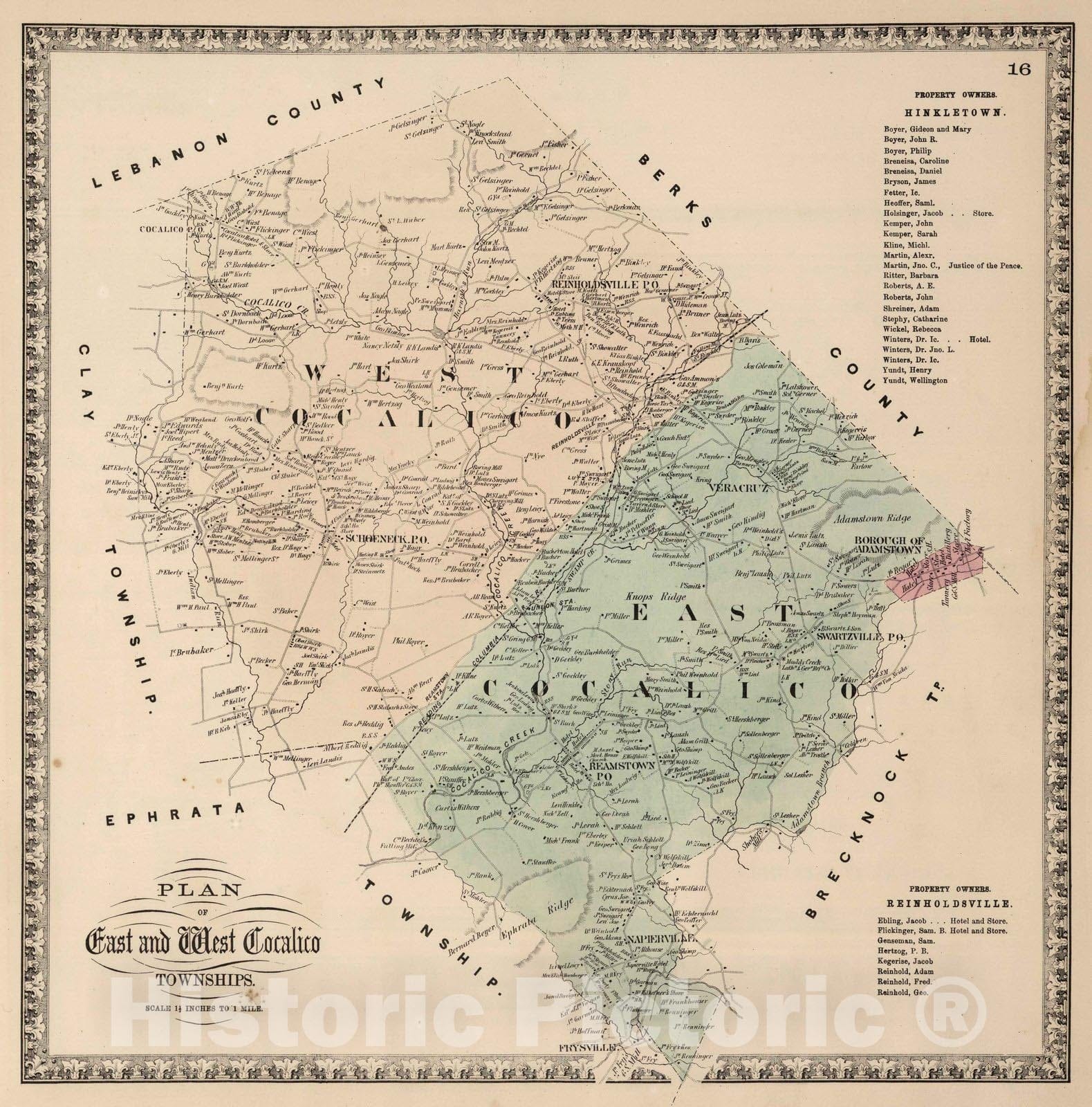 Historic Map : 1864 East and West Cocalico Townships, Lancaster County, Pennsylvania. - Vintage Wall Art