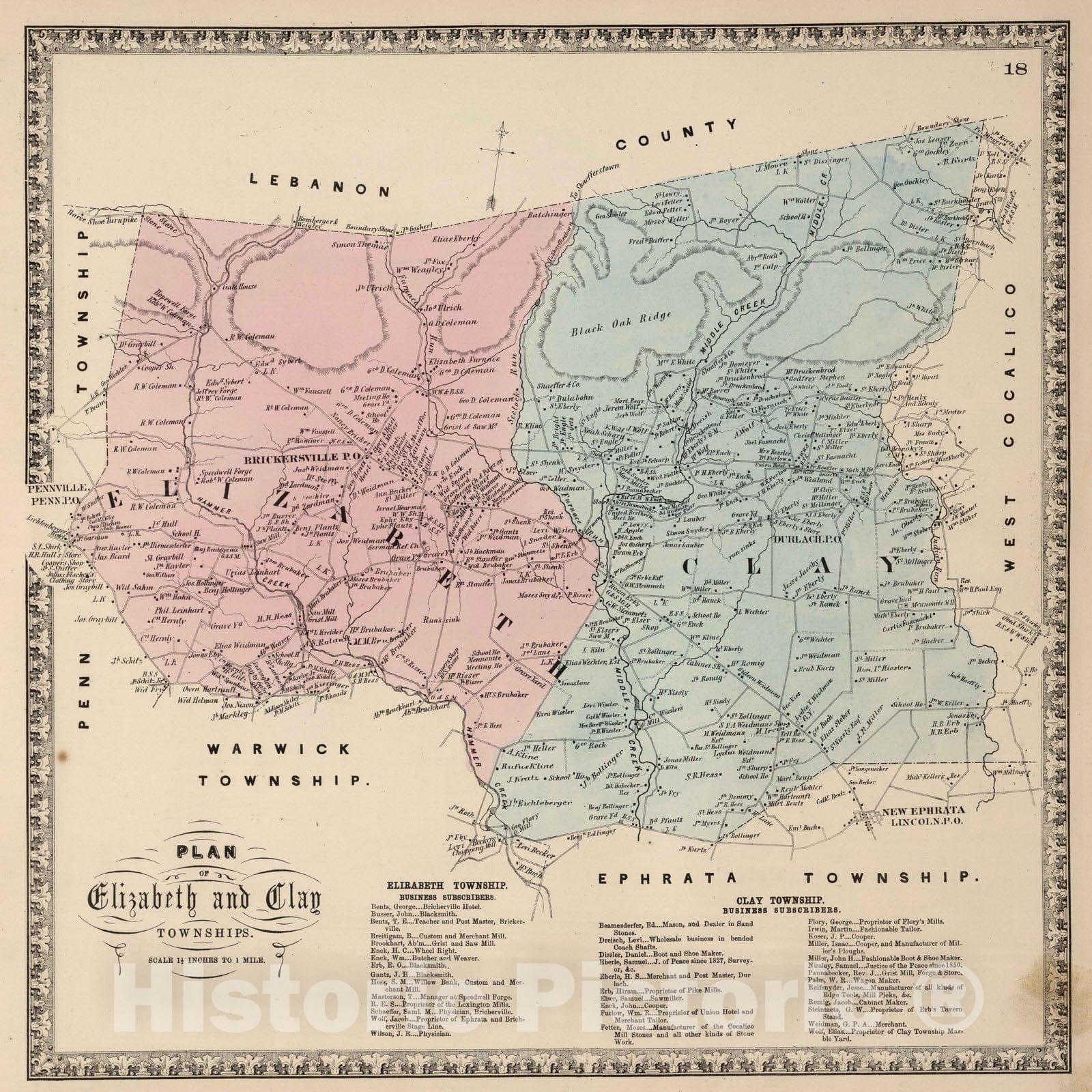 Historic Wall Map : 1864 Elizabeth and Clay Townships, Lancaster, Pennsylvania. - Vintage Wall Art